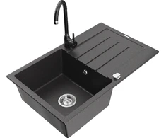 Granitinė virtuvinė plautuvė Mexen Bruno su maišytuvu ir sifonu, Juodas granite+Juodas