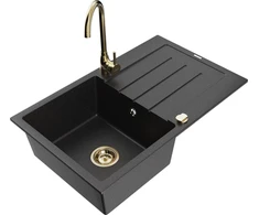 Granitinė virtuvinė plautuvė Mexen Bruno su maišytuvu ir sifonu, Metallic juodas/sidabrinis+Gold