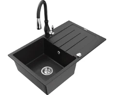 Granitinė virtuvinė plautuvė Mexen Bruno su maišytuvu ir sifonu, Metallic juodas/sidabrinis+Juodas