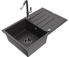 Granitinė virtuvinė plautuvė Mexen Bruno su maišytuvu ir sifonu, Juodas granite+Juodas granite/Chrome