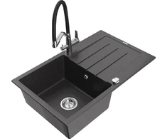 Granitinė virtuvinė plautuvė Mexen Bruno su maišytuvu ir sifonu, Juodas granite+Juodas/Chrome