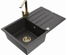 Granitinė virtuvinė plautuvė Mexen Bruno su maišytuvu ir sifonu, Juodas granite+Gold