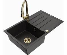 Granitinė virtuvinė plautuvė Mexen Bruno su maišytuvu ir sifonu, Metallic juodas/auksinis+Gold
