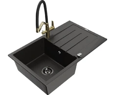 Granitinė virtuvinė plautuvė Mexen Bruno su maišytuvu ir sifonu, Metallic juodas/auksinis+Juodas/Gold