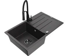 Granitinė virtuvinė plautuvė Mexen Bruno su maišytuvu ir sifonu, Juodas granite+Juodas