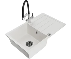 Granitinė virtuvinė plautuvė Mexen Bruno su maišytuvu ir sifonu, Baltas+Juodas/Chrome