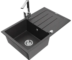 Granitinė virtuvinė plautuvė Mexen Bruno su maišytuvu ir sifonu, Juodas granite+Chrome