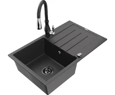 Granitinė virtuvinė plautuvė Mexen Bruno su maišytuvu ir sifonu, Juodas granite+Juodas