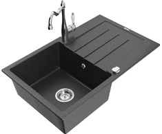 Granitinė virtuvinė plautuvė Mexen Bruno su maišytuvu ir sifonu, Juodas granite+Chrome