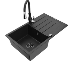 Granitinė virtuvinė plautuvė Mexen Bruno su maišytuvu ir sifonu, Metallic juodas/sidabrinis+Juodas
