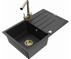 Granitinė virtuvinė plautuvė Mexen Bruno su maišytuvu ir sifonu, Metallic juodas/sliver+Gold