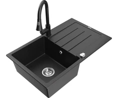 Granitinė virtuvinė plautuvė Mexen Bruno su maišytuvu ir sifonu, Metallic juodas/sidabrinis+Juodas