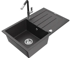Granitinė virtuvinė plautuvė Mexen Bruno su maišytuvu ir sifonu, Juodas granite+Juodas/Chrome