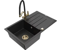Granitinė virtuvinė plautuvė Mexen Bruno su maišytuvu ir sifonu, Metallic juodas/sidabrinis+Juodas/Gold