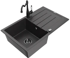 Granitinė virtuvinė plautuvė Mexen Bruno su maišytuvu ir sifonu, Juodas granite+Juodas