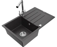 Granitinė virtuvinė plautuvė Mexen Bruno su maišytuvu ir sifonu, Juodas granite+Chrome