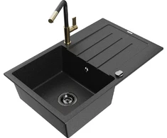 Granitinė virtuvinė plautuvė Mexen Bruno su maišytuvu ir sifonu, Metallic juodas/sidabrinis+Juodas/Gold
