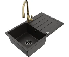 Granitinė virtuvinė plautuvė Mexen Bruno su maišytuvu ir sifonu, Metallic juodas/auksinis+Gold