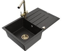 Granitinė virtuvinė plautuvė Mexen Bruno su maišytuvu ir sifonu, Metallic juodas/auksinis+Gold