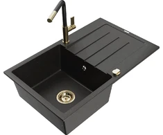 Granitinė virtuvinė plautuvė Mexen Bruno su maišytuvu ir sifonu, Metallic juodas/auksinis+Juodas/Gold