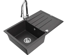 Granitinė virtuvinė plautuvė Mexen Bruno su maišytuvu ir sifonu, Juodas granite+Chrome