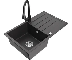 Granitinė virtuvinė plautuvė Mexen Bruno su maišytuvu ir sifonu, Juodas granite+Juodas