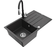 Granitinė virtuvinė plautuvė Mexen Bruno su maišytuvu ir sifonu, Juodas granite+Juodas