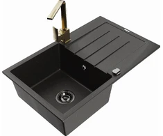 Granitinė virtuvinė plautuvė Mexen Bruno su maišytuvu ir sifonu, Metallic juodas/auksinis+Gold