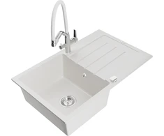 Granitinė virtuvinė plautuvė Mexen Bruno su maišytuvu ir sifonu, Baltas+Baltas/Chrome