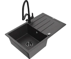 Granitinė virtuvinė plautuvė Mexen Bruno su maišytuvu ir sifonu, Juodas granite+Juodas