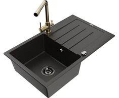 Granitinė virtuvinė plautuvė Mexen Bruno su maišytuvu ir sifonu, Metallic juodas/auksinis+Gold