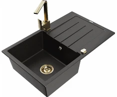 Granitinė virtuvinė plautuvė Mexen Bruno su maišytuvu ir sifonu, Metallic juodas/auksinis+Gold