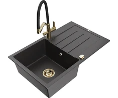 Granitinė virtuvinė plautuvė Mexen Bruno su maišytuvu ir sifonu, Juodas granite+Juodas/Gold