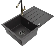 Granitinė virtuvinė plautuvė Mexen Bruno su maišytuvu ir sifonu, Juodas granite+Juodas granite/Gold