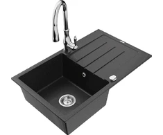 Granitinė virtuvinė plautuvė Mexen Bruno su maišytuvu ir sifonu, Metallic juodas/sidabrinis+Chrome