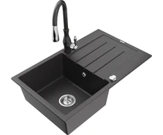 Granitinė virtuvinė plautuvė Mexen Bruno su maišytuvu ir sifonu, Juodas granite