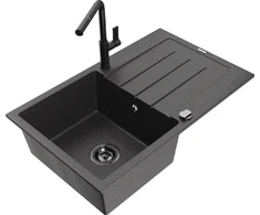 Granitinė virtuvinė plautuvė Mexen Bruno su maišytuvu ir sifonu, Juodas granite+Juodas
