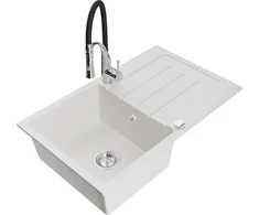 Granitinė virtuvinė plautuvė Mexen Bruno su maišytuvu ir sifonu, Baltas+Juodas/Chrome