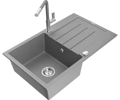 Granitinė virtuvinė plautuvė Mexen Bruno su maišytuvu ir sifonu, Pilkas+Pilkas/Chrome