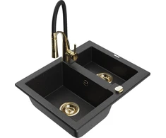 Granitinė virtuvinė plautuvė Mexen Carlos su maišytuvu ir sifonu, Metallic juodas/sidabrinis+Juodas/Gold
