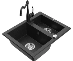 Granitinė virtuvinė plautuvė Mexen Carlos su maišytuvu ir sifonu, Metallic juodas/sidabrinis+Juodas