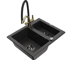 Granitinė virtuvinė plautuvė Mexen Carlos su maišytuvu ir sifonu, Metallic juodas/sidabrinis+Juodas/Gold