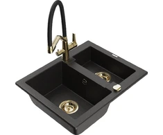 Granitinė virtuvinė plautuvė Mexen Carlos su maišytuvu ir sifonu, Metallic juodas/auksinis+Juodas/Gold