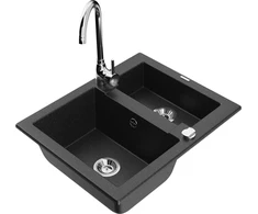 Granitinė virtuvinė plautuvė Mexen Carlos su maišytuvu ir sifonu, Metallic juodas/sidabrinis+Chrome