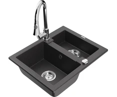 Granitinė virtuvinė plautuvė Mexen Carlos su maišytuvu ir sifonu, Juodas granite+Chrome