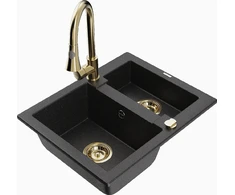 Granitinė virtuvinė plautuvė Mexen Carlos su maišytuvu ir sifonu, Metallic juodas/sidabrinis+Gold