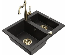 Granitinė virtuvinė plautuvė Mexen Carlos su maišytuvu ir sifonu, Metallic juodas/auksinis+Gold
