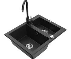 Granitinė virtuvinė plautuvė Mexen Carlos su maišytuvu ir sifonu, Metallic juodas/sidabrinis+Juodas