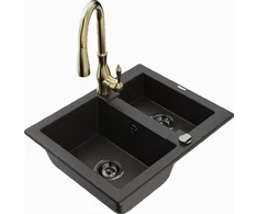 Granitinė virtuvinė plautuvė Mexen Carlos su maišytuvu ir sifonu, Metallic juodas/auksinis+Gold
