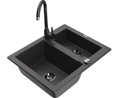 Granitinė virtuvinė plautuvė Mexen Carlos su maišytuvu ir sifonu, Juodas granite+Juodas